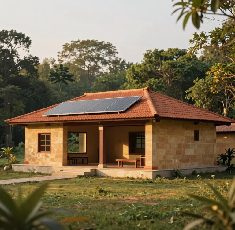 A serene architectural rendering of a modern-traditional learning pavilion in Govardhan, warm sandstone walls, solar panels integrated into terracotta roofs, golden hour light, lush green surroundings, 35mm
