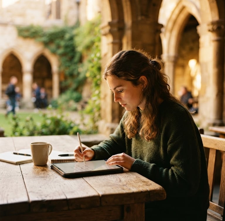 A close-up editorial shot of a student in deep focus, warm golden-hour light filtering through traditional stone arches, modern tablet on a rustic wooden table, 35mm.