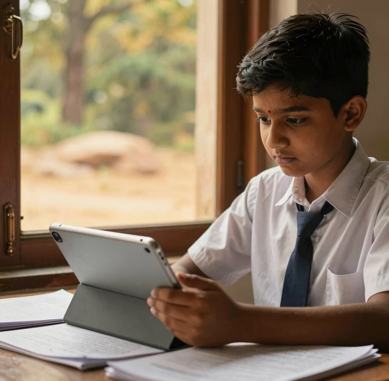 A medium close-up of an Indian high school student in deep focus, working with a modern tablet next to traditional texts, warm golden daylight streaming through a wooden window frame, rich forest and sandstone tones, shallow depth of field.