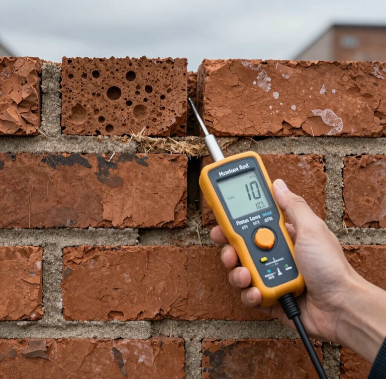 Straight-on orthographic close-up of solid brickwork under cool overcast daylight, a professional digital moisture meter probe held against the mortar joint, showing technical precision.