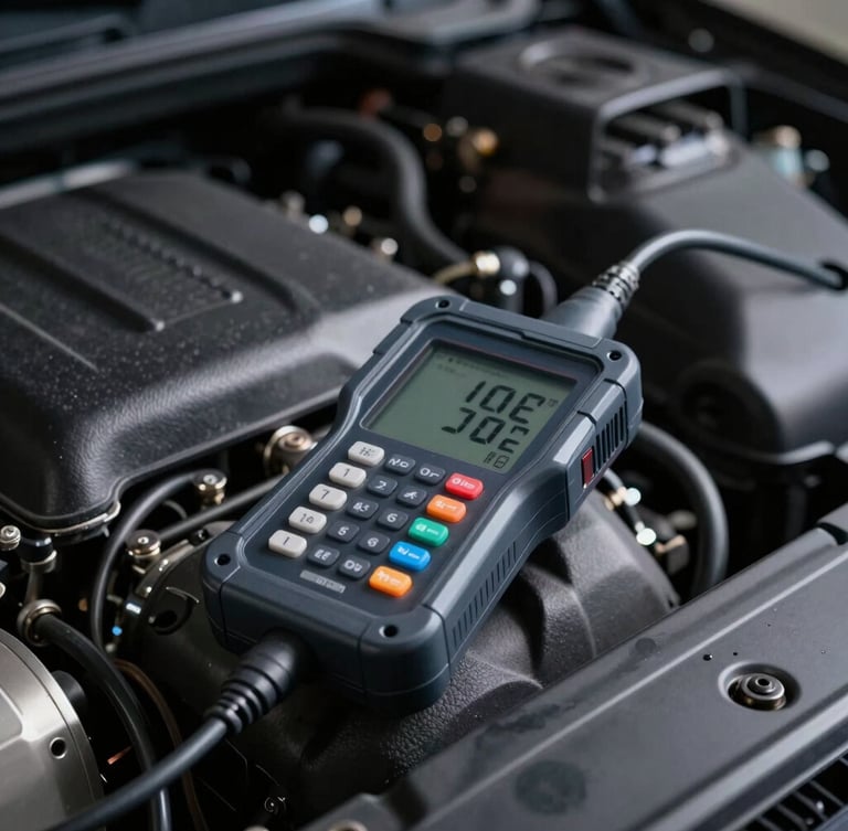 Macro shot of a clean digital diagnostic scanner connected to a modern engine bay, high-contrast dramatic workshop lighting, deep charcoal and metallic tones, sharp macro lens, 35mm