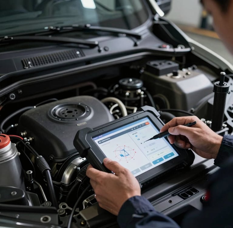 Close-up of a commercial delivery van engine bay under high-contrast workshop lighting, mechanics hands using a digital diagnostic tablet, sharp focus, 35mm