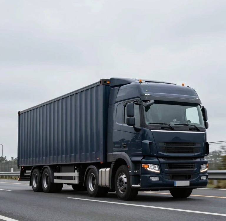 Wide shot of a modern, dark-colored logistics truck driving on a highway under cool overcast daylight, low angle, sharp industrial photography, deep navy and steel tones, crisp details, 35mm lens