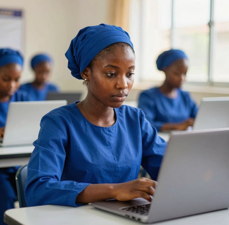 A focused Nigerian female student in a modern technology training lab, working on a laptop, soft natural window light reflecting on her face, royal blue accents, shallow depth of field, professional editorial photography