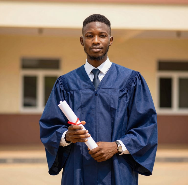 A proud Nigerian student in a formal dark blue graduation gown holding a diploma, bright natural daylight, warm gold tones, shallow depth of field, 35mm