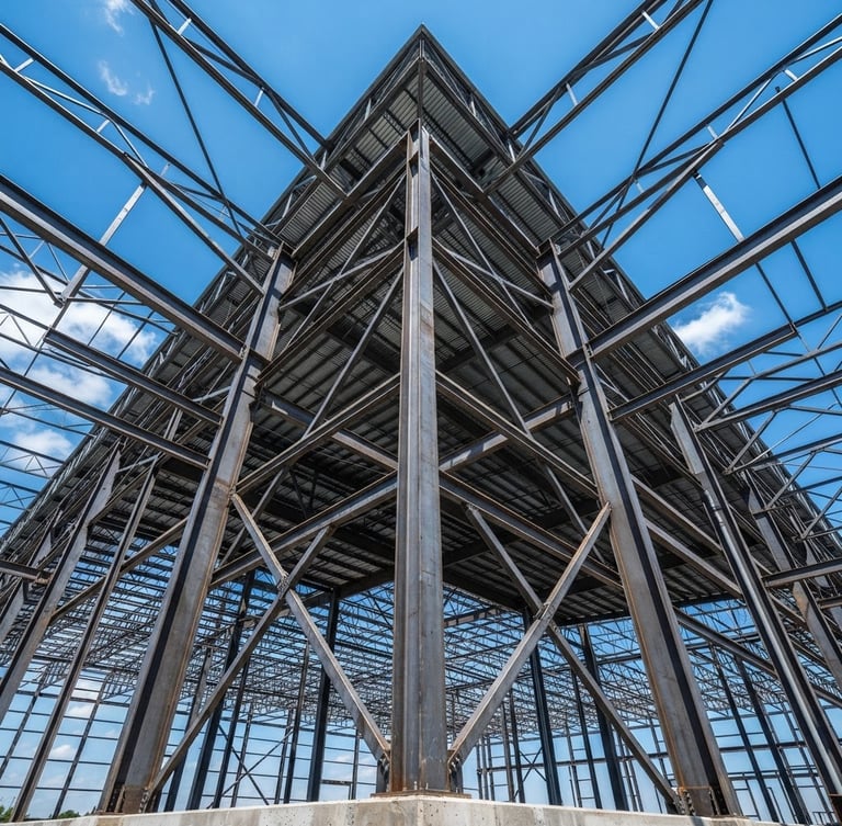 Low-angle hero shot of massive structural steel framing for an industrial warehouse under bright daylight, high contrast structural details, blue sky