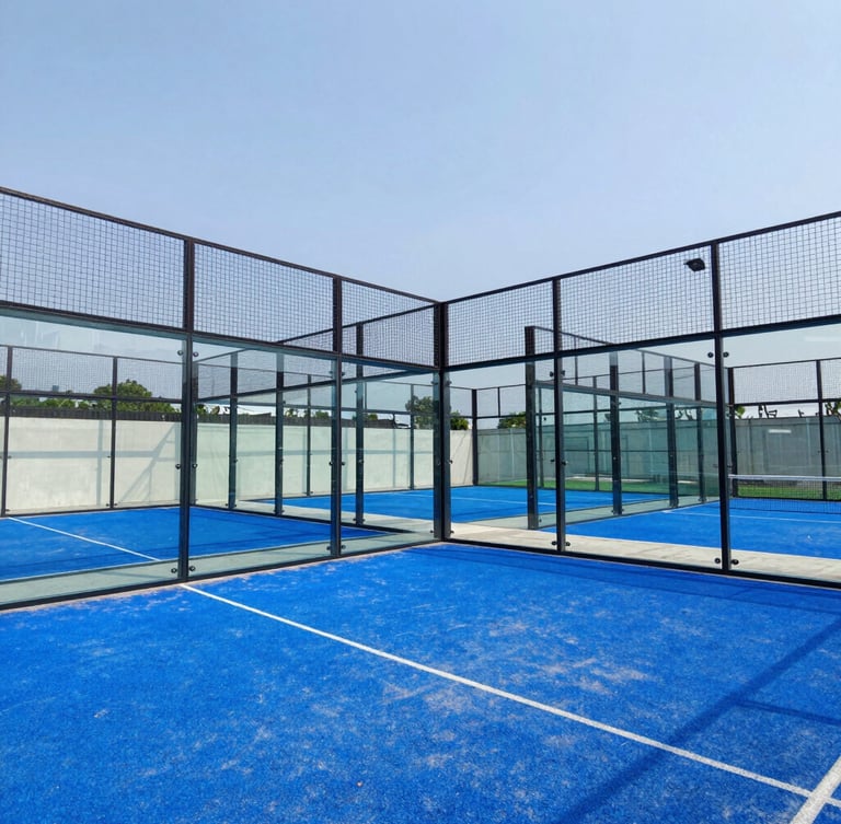 Low-angle architectural photograph of a completed professional padel court with crystal-clear glass walls, vibrant blue turf, under bright Indonesian daylight, structural steel frame visible