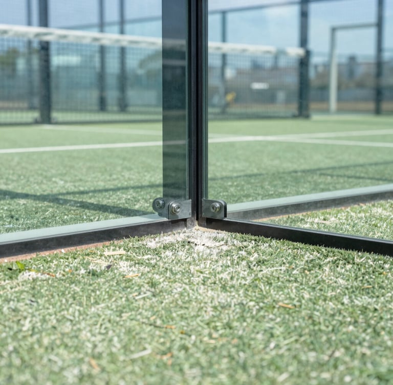 Close-up macro photograph of professional textured green padel turf transitioning to a heavy-duty steel structural joint holding a thick tempered glass wall, bright natural daylight.