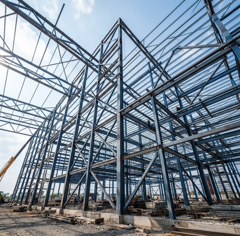 Low-angle architectural shot of industrial steel warehouse framing mid-construction, bright natural daylight, clean blueprint-blue tones, high-contrast structural details