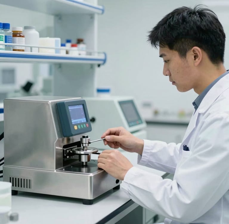 Sharp, straight-on medium shot of a laboratory technician in a white coat calibrating a digital viscometer, stainless steel testing equipment, cool-toned laboratory lighting