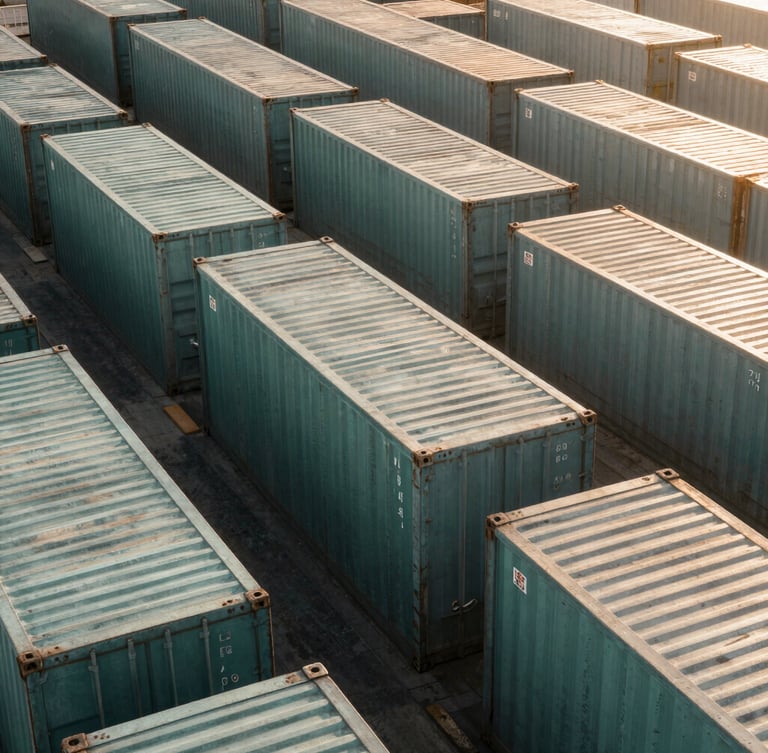 High-angle architectural view of a modern, structured port with industrial steel containers, sharp daylight, geometric symmetry, desaturated emerald and warm sand tones, bleed.