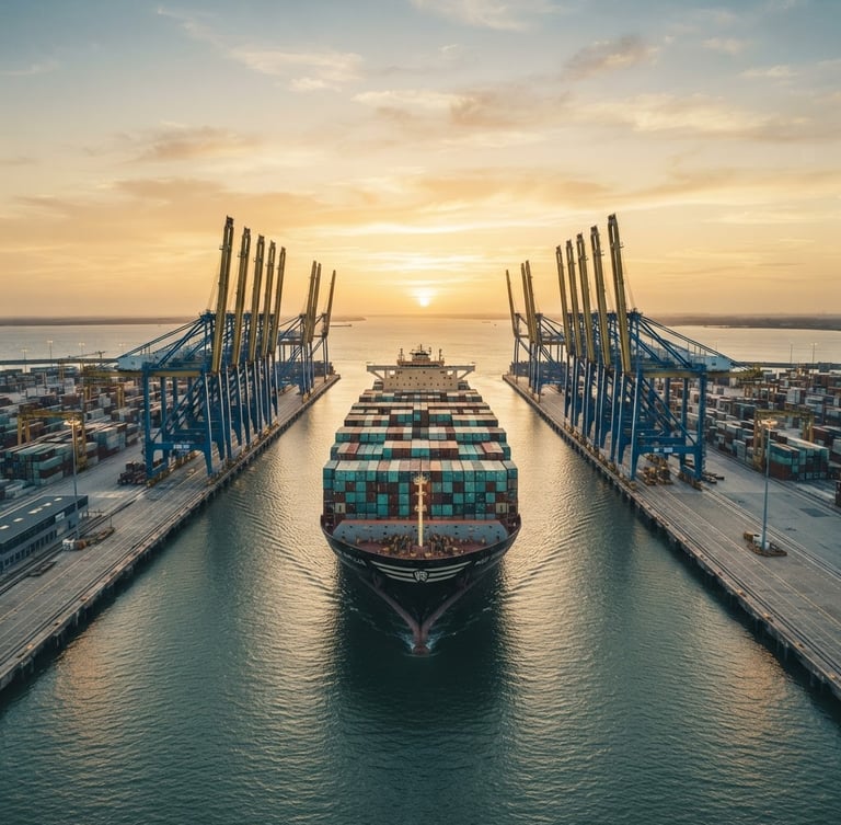 Wide-angle, heroic view of a massive container ship entering a modern port at golden hour, low sun, geometric symmetry, desaturated emerald and warm sand tones.