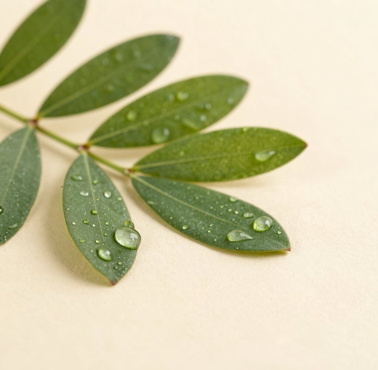 Macro photograph of clean green botanical leaves with morning dew drops, soft high-end studio lighting, neutral sand background, shallow depth of field