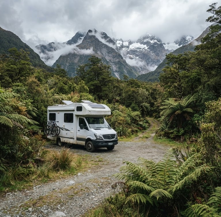 Wide-angle environmental shot of a self-contained motorhome parked on a gravel pad in a lush green Department of Conservation clearing in Southland, surrounded by native ferns and towering mountains under natural overcast daylight.