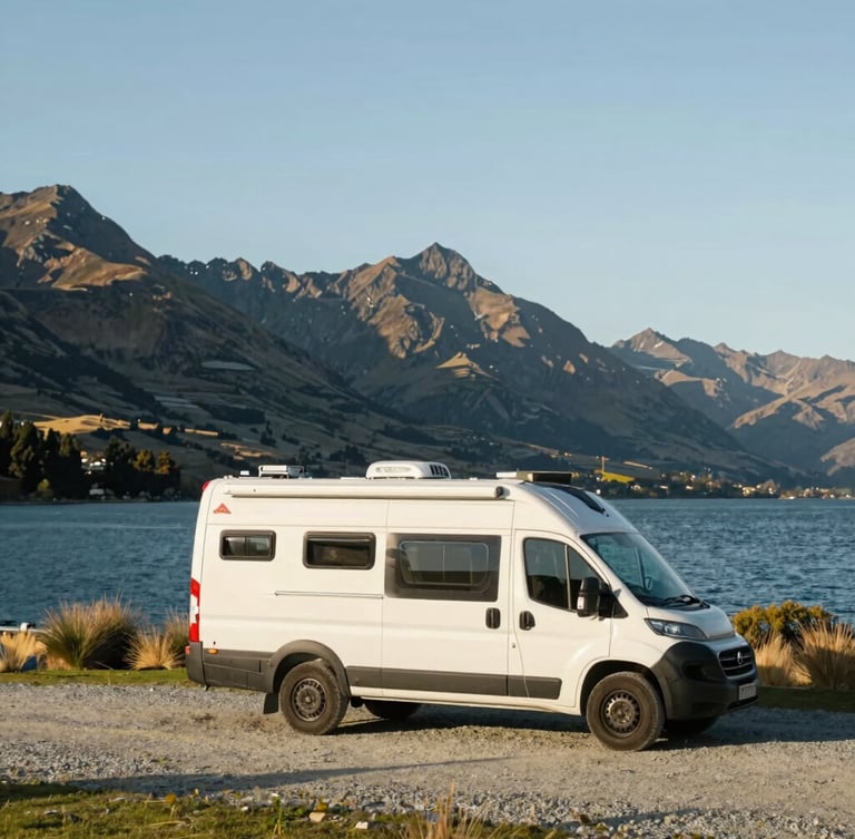 A self-contained motorhome parked on a gravel pad overlooking a pristine New Zealand lake at golden hour, mountains in the distance