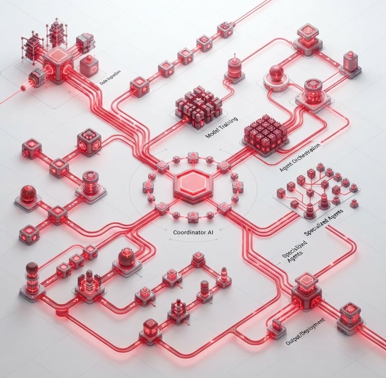 Isometric technical schematic of a multi-agent AI pipeline, glowing crimson nodes, clean white background, high-key studio lighting, octane render