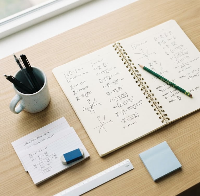 Overhead flat-lay of neatly organized study materials, a notebook with clean math equations sketched in black ink, a green pencil, bright daylight, 35mm