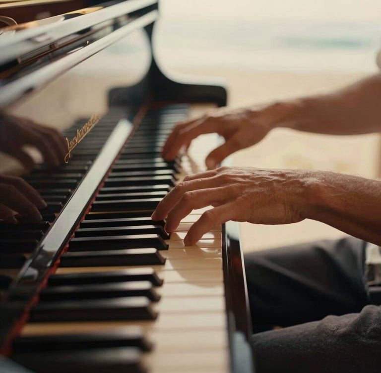 Close-up of a pianist's hands gracefully playing ivory keys on a grand piano, warm golden hour light, shallow depth of field, elegant medium shot, 35mm film