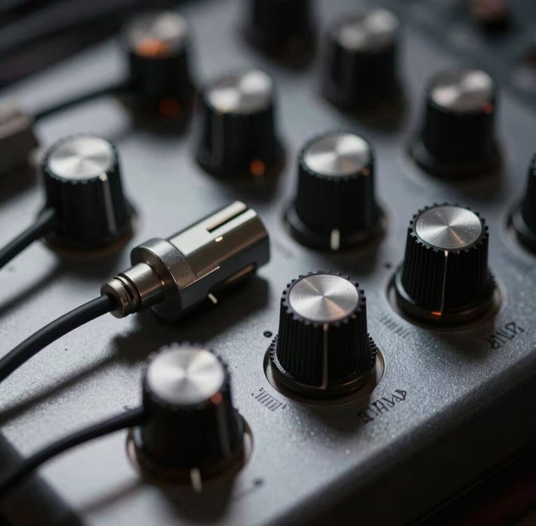 Extreme macro photograph of physical synthesizer patch cables and metallic dials, low-key single-source lighting, harsh metallic highlights, dark background.