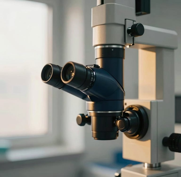 Close-up of a modern ophthalmic microscope in a sterile operating room, warm gold accents, soft window light