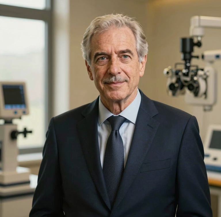 A professional, high-end medium-close portrait of a senior male eye surgeon in a dark navy suit, soft natural window light, clinical background with modern ophthalmic equipment blurred, warm gold accent tones, 85mm