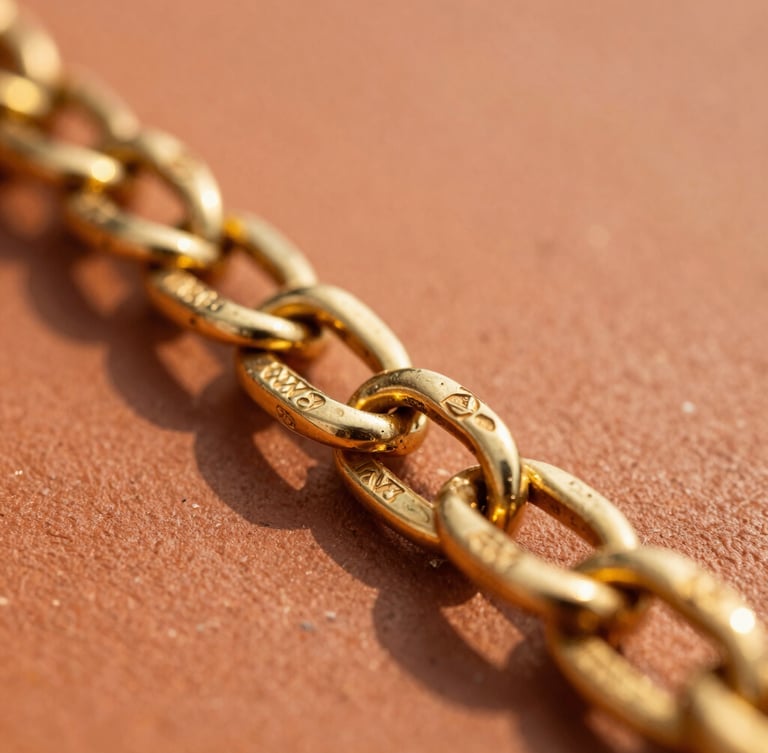 Macro close-up of a heavy 21k gold chain reflecting warm golden-hour sunlight on a terracotta surface, sharp focus on the intricate links and stamped hallmark, 35mm