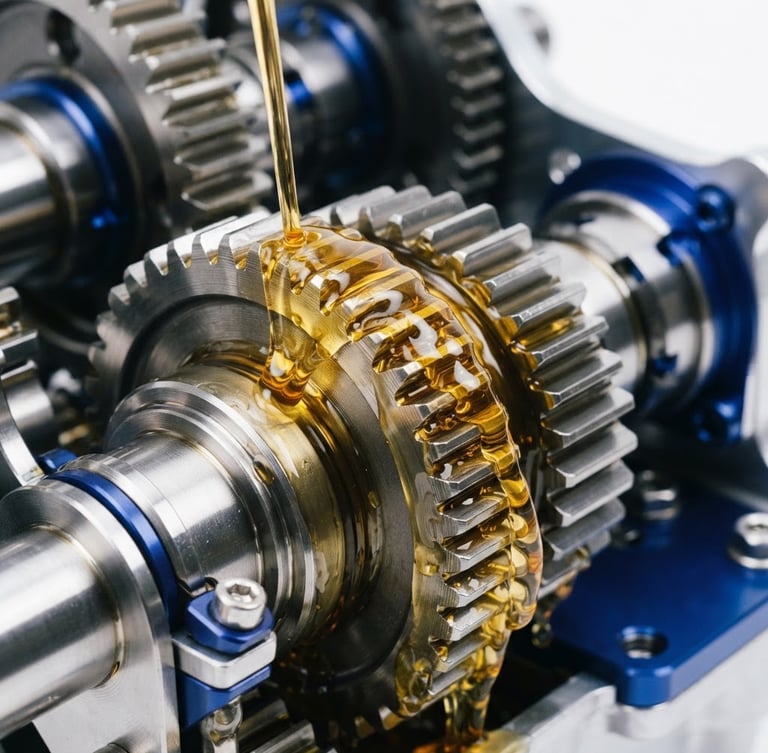 Macro close-up of golden oil viscosity flowing over polished steel gears, high-key studio lighting, glossy reflections, royal blue accents, 35mm
