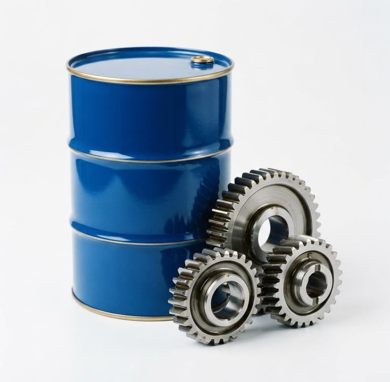 A premium blue oil barrel with subtle gold accents, placed next to polished metallic gears under crisp studio lighting with glossy reflections, clean white background, macro detail, 35mm