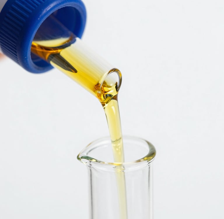 Macro close-up of golden oil flowing through a pristine glass laboratory tube, clinical white background, glossy reflections, 35mm