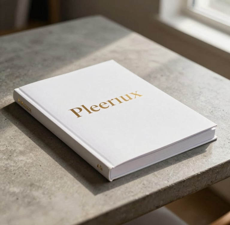 A premium hardbound whitepaper with gold foil lettering resting on a minimalist concrete table, warm side lighting, elegant shadows