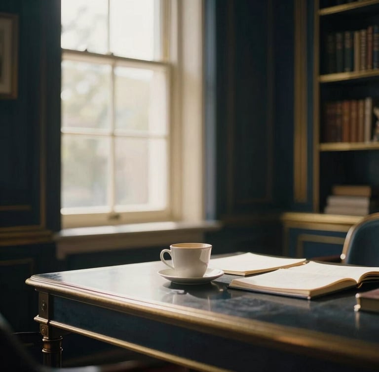 A quiet, sunlit private estate office with warm window light, deep navy and champagne gold accents, shallow depth of field, 35mm editorial photography.