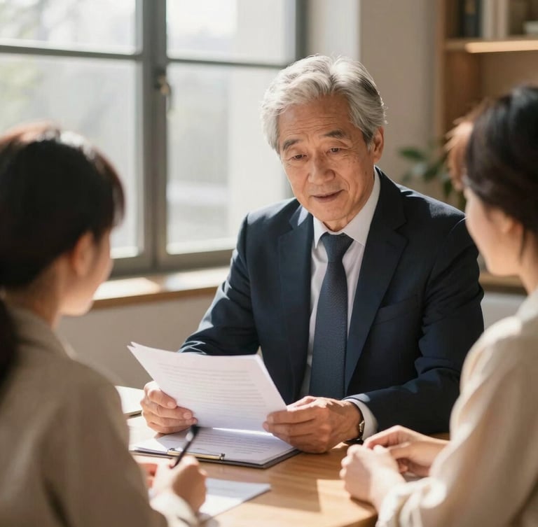A professional senior financial advisor in a warm, sunlit modern office, consulting with an elegant family over documents, soft window light, shallow depth of field, 35mm