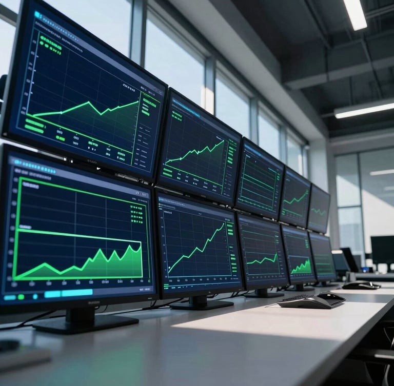 Low-angle technical shot of a clean control room with high-tech data screens displaying real-time energy analytics, sharp neon green and deep navy blue interface lines, modern industrial aesthetic.