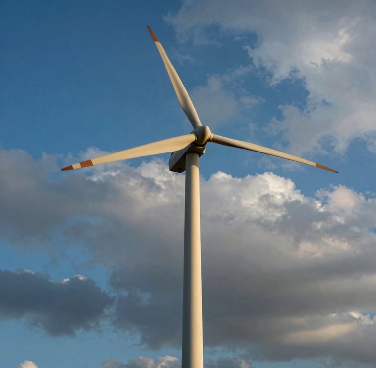 Low-angle heroic shot of wind turbine blades cutting through low clouds in Tenkasi, dramatic golden hour natural sunlight, 35mm