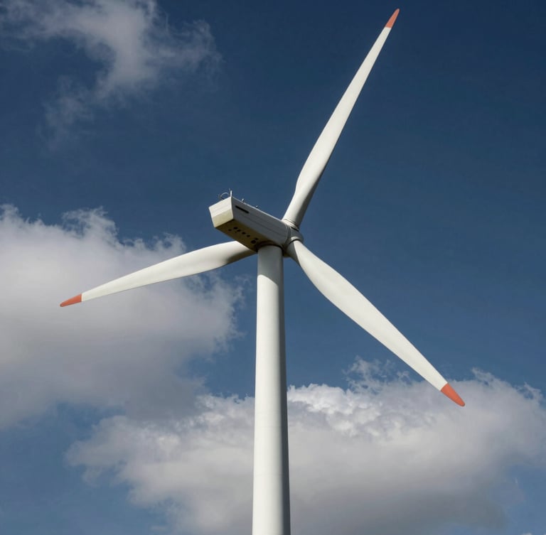 Low-angle heroic shot of modern wind turbine blades cutting through low clouds, crisp technical lighting, 35mm industrial photography