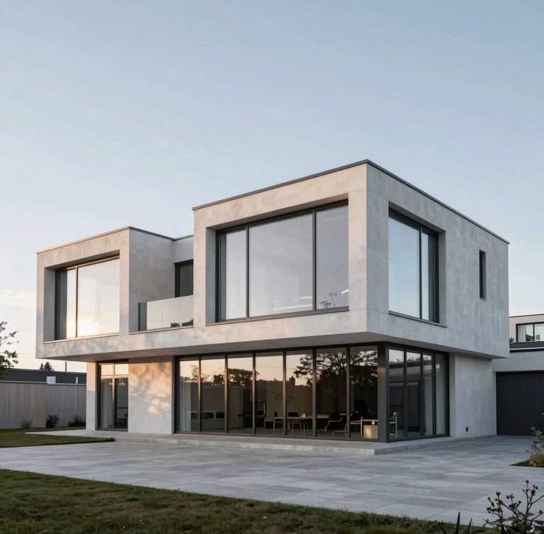 Wide-angle architectural shot of a modern Swedish villa with floor-to-ceiling glass façades, reflecting a soft low-angled Scandinavian sun, clean lines, minimalist luxury