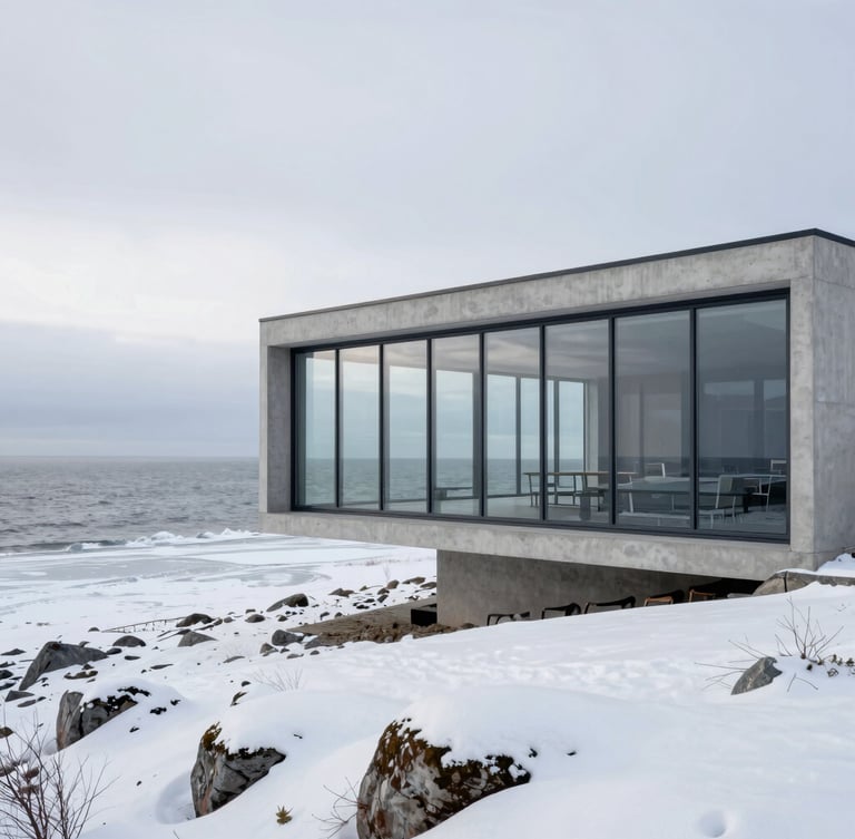 Wide-angle architectural exterior shot of a minimalist concrete villa on a snowy cliffside, massive floor-to-ceiling glass windows framing a frozen Baltic sea, overcast winter light, 35mm photography
