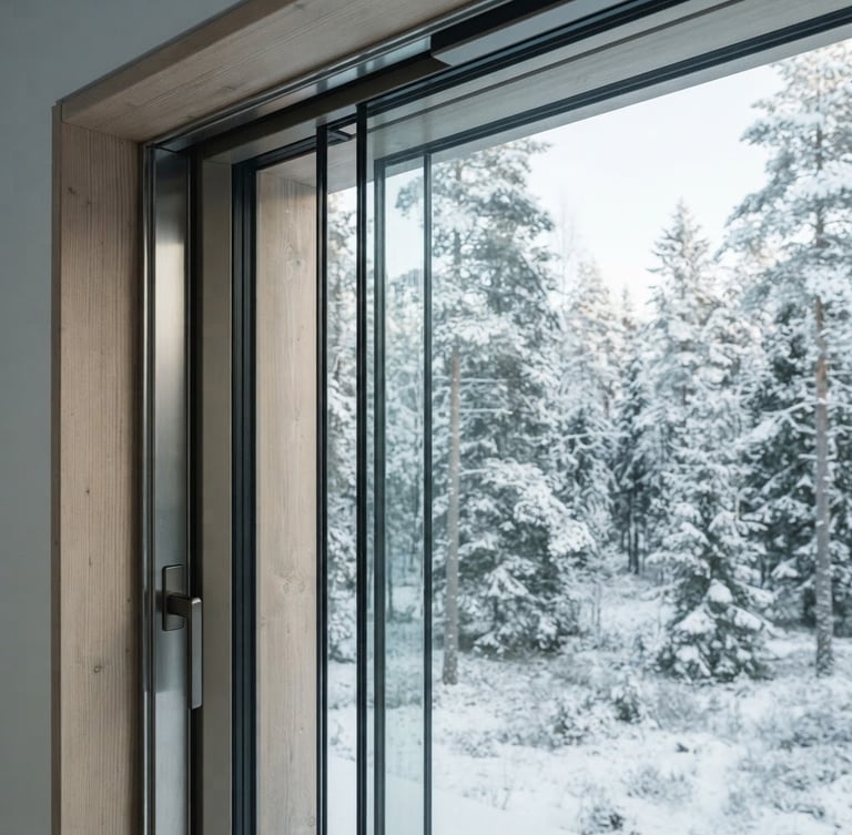 Architectural close-up of a flush window track and triple-glazed glass pane framing a snowy Swedish pine forest, cool desaturated tones, crisp Nordic daylight, 35mm