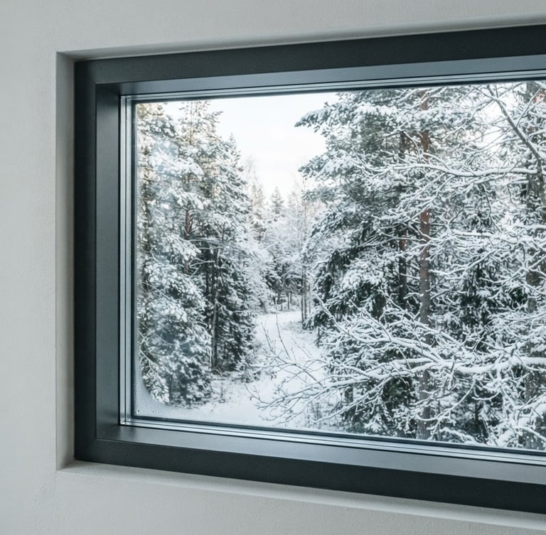 Extreme close-up of a flush-mounted triple-glazed window frame, minimalist matte charcoal aluminium, looking out onto a snowy Swedish pine forest, crisp Nordic daylight, architectural photography