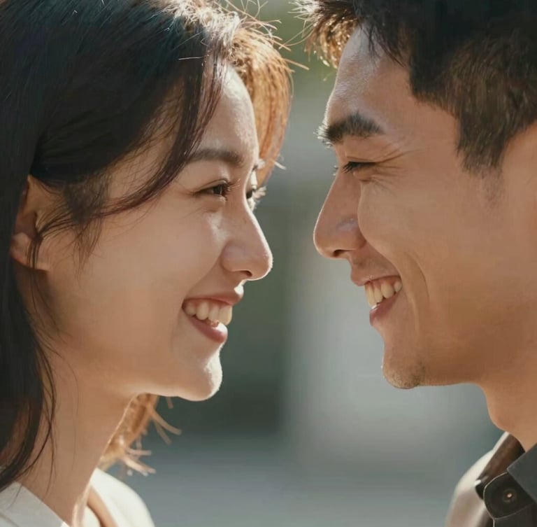 Intimate close-up portrait of a couple laughing, foreheads touching, warm sun filtering through their hair, soft focus, cinematic 16:9 framing