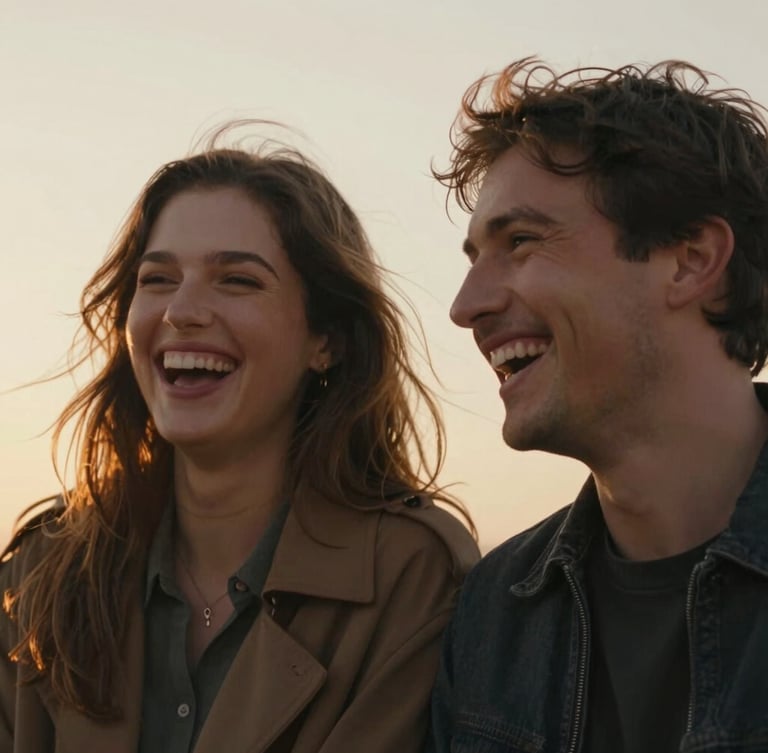 Cinematic portrait of a couple laughing naturally, warm golden hour backlighting, soft wind in hair, low angle, film-still 16:9 feel.
