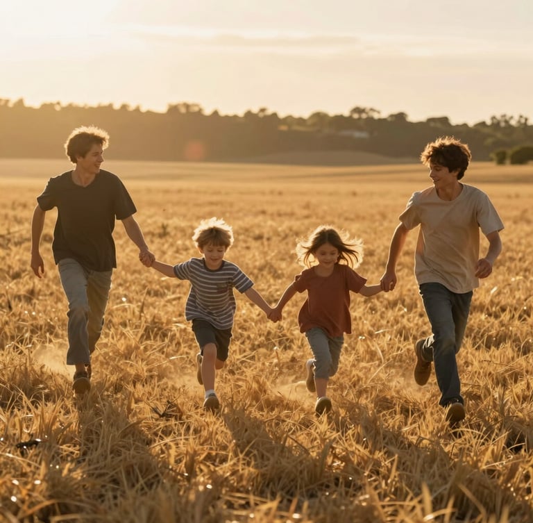 Cinematic wide shot of a young family running through a sun-drenched golden field, backlit by the low evening sun with soft natural lens flares.