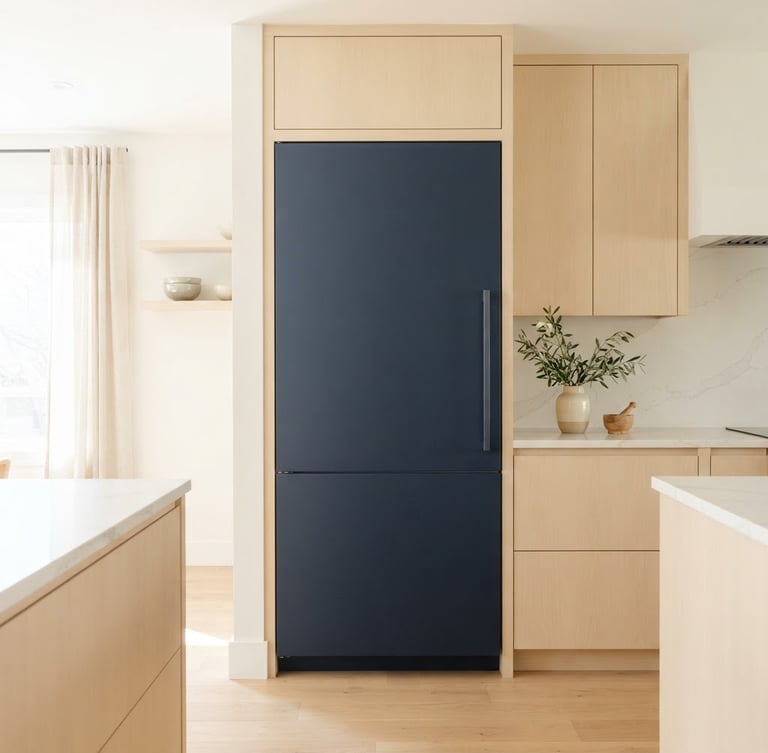 Bright high-key minimalist kitchen interior with a premium matte navy refrigerator integrated into warm cream wood cabinetry, soft natural daylight, 50mm lens, crisp details