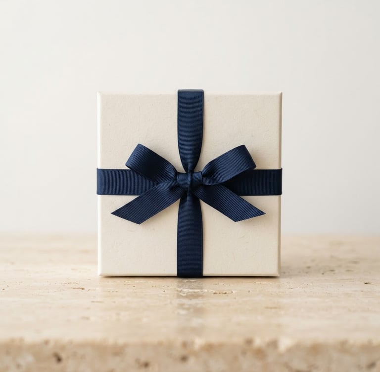 A beautifully packaged premium box with a navy ribbon on a warm cream stone surface, soft side lighting, minimalist studio setting