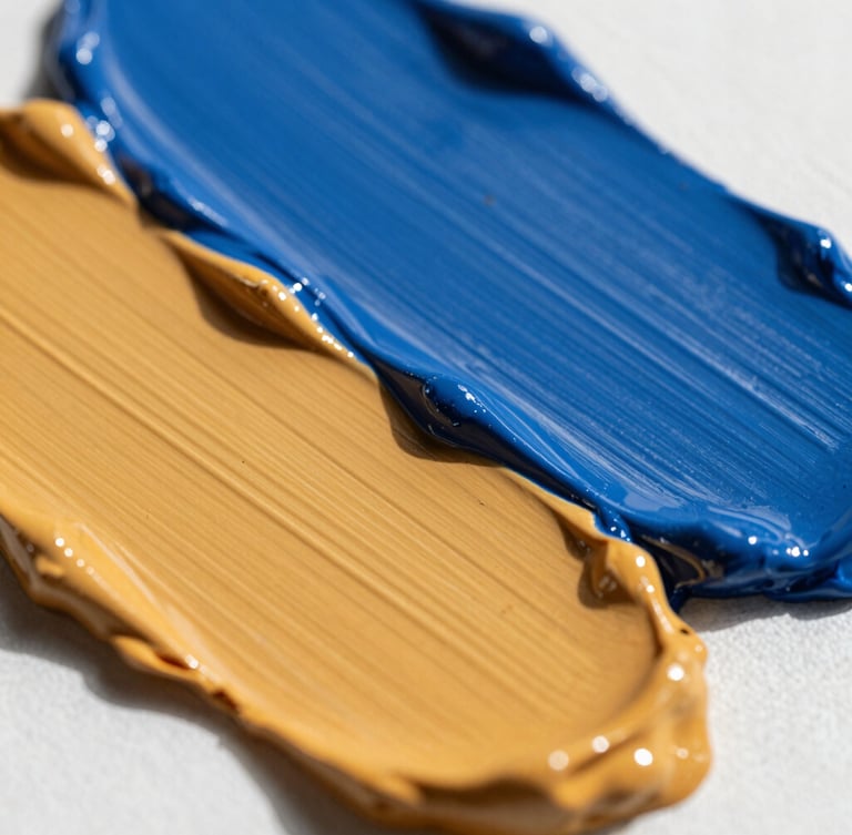 Angled macro close-up of thick, textured acrylic paint ridges on canvas, rich cobalt blue and warm ochre pigments catching natural daylight, 35mm gallery photography