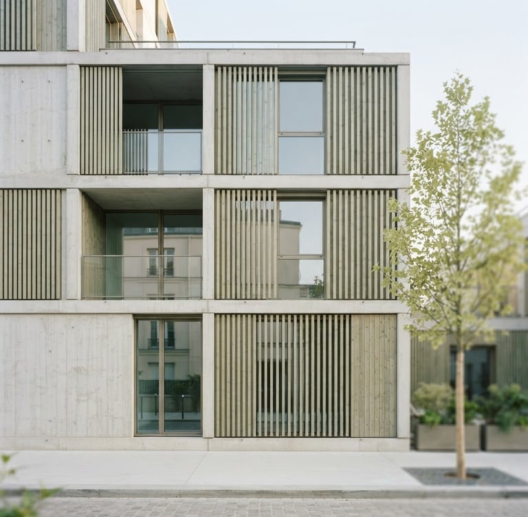 Minimalist architectural photography of a modern concrete and timber building facade in Paris, soft morning daylight, clean white and pale green tones, sharp focus, 35mm lens.