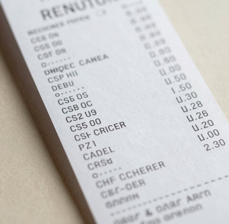 Macro close-up of an itemized retail receipt with printed customs classification codes, bright neutral daylight, clean workspace background, sharp focus on structured data.