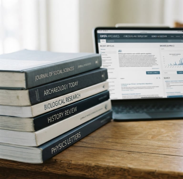 Close-up of academic journals stacked neatly on a wooden table, with a digital tablet displaying an open-access repository interface in the background, bright natural daylight, cool slate and gray tones, sharp focus.