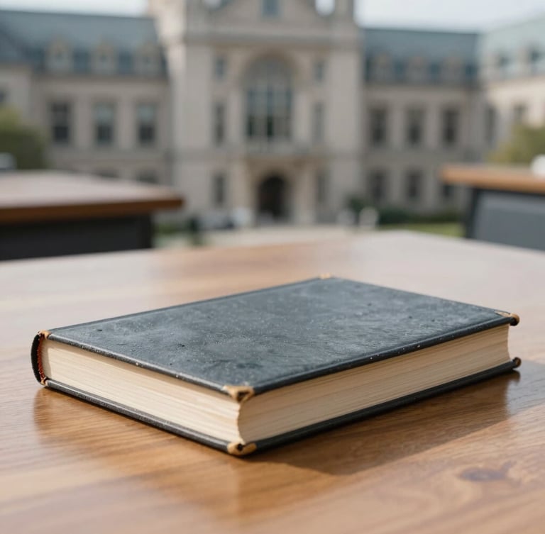 Clean academic photography, bright natural daylight, cool slate and gray tones, sharp focus, 35mm. A medium shot of an old, leather-bound academic journal open on a polished wooden library table, with blurred institutional architecture in the background.