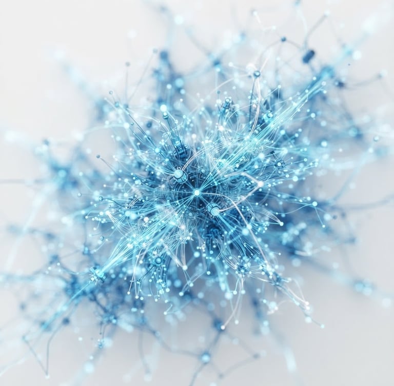 Minimalist 3D render of a complex node network representing active agentic pathways, clean high-key studio lighting, stark white and technical blue tones, macro depth of field